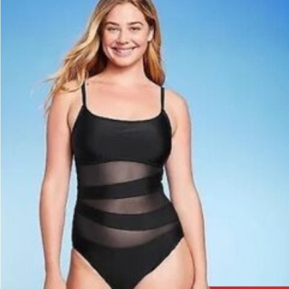 Kona Sol Black Mesh Abdomen/Back One Piece Swimsuit Size Small NWT